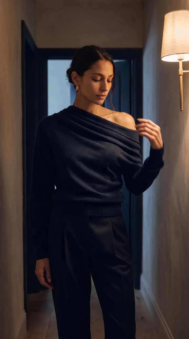 A woman wearing a dark draped knit in a softly lit hallway.