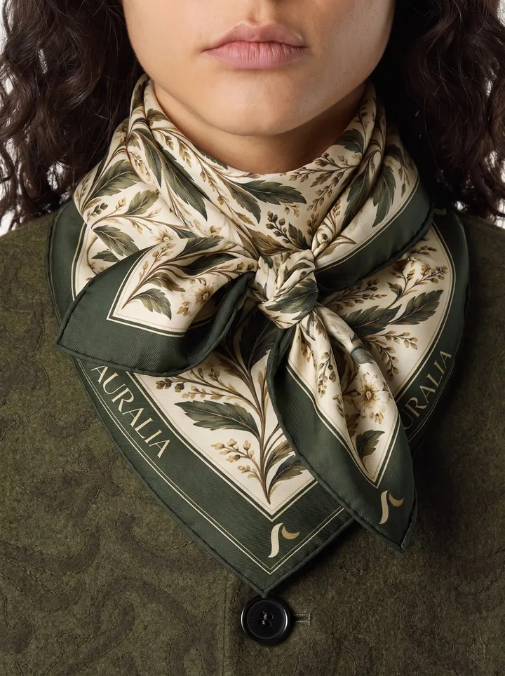 A cream and deep green botanical scarf tied at the neck.