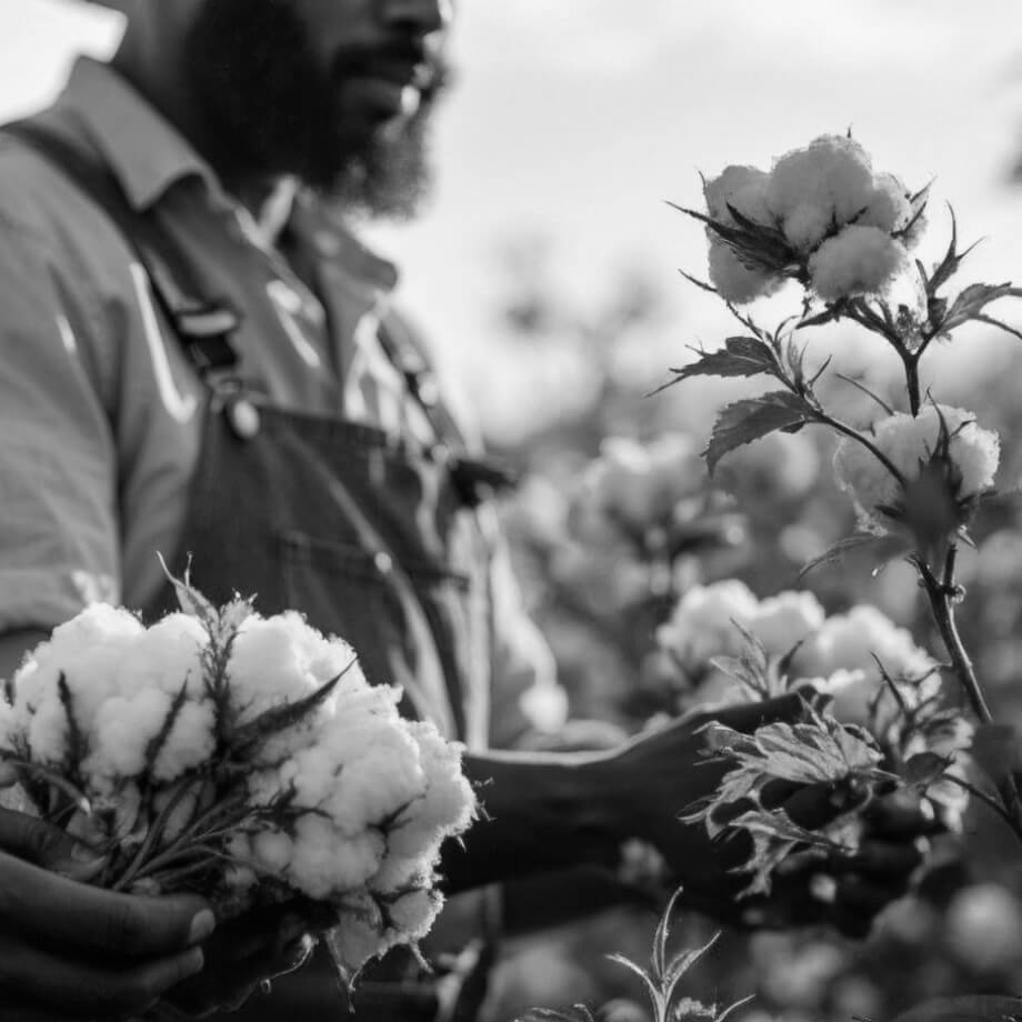 A person wearing overalls carefully picks cotton from a plant in a field. The black and white image focuses on the cotton bolls and the hands of the person, highlighting the texture and details of the scene.