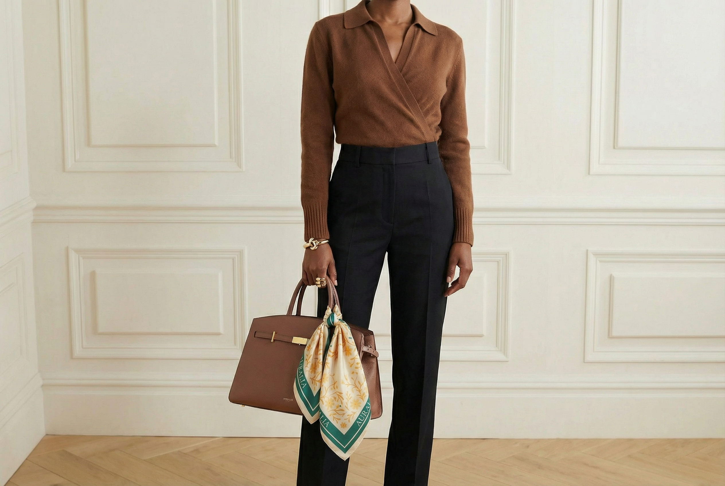 Auralia SS26 Collection - Model wearing cashmere wrap polo with silk scarf